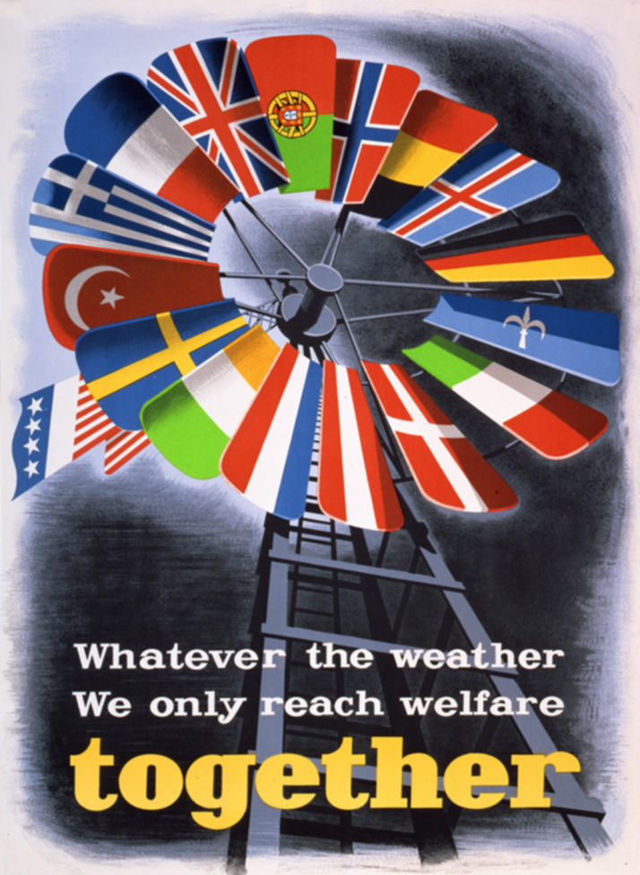 Marshallplan-Plakat von 1950 mit Windrad aus europäischen Flaggen und englischem Slogan.